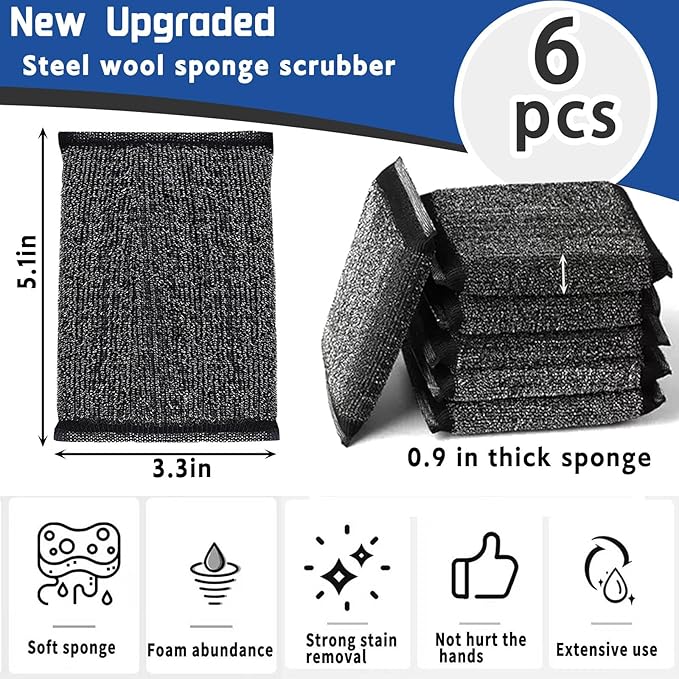Kitchen Sponges for Dishes - Steel Wool Scrubber Sponges for Kitchen Heavy Duty Non-Scratch Scrubbing Cleaner (6 Pack)