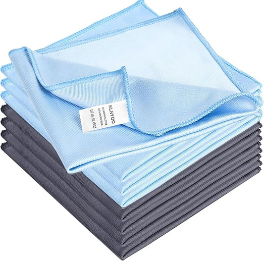 KLNYOO Microfiber Glass Cleaning Cloths Lint Free Streak Free Quickly and Easily Clean Windows & Mirrors Without Chemicals Polishing Cloth 16x16 Inch 8 Pack (Blue+ Grey)