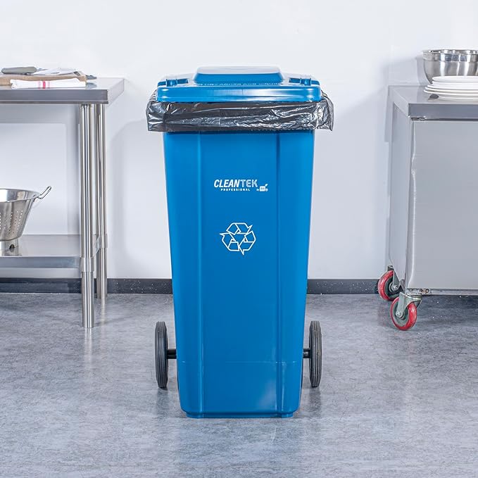 Clean Tek Professional 32 Gallon Trash Can With Wheels, 1 Garbage Can With Lid - Step-On Attachment Sold Separately, Rectangle, Blue Plastic Dustbin, Long-Lasting, For Outdoor - Restaurantware