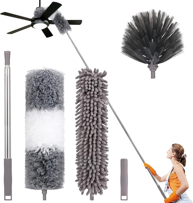 5Pcs Dusters for Cleaning, with Microfiber Duster, Ceiling Fan Brush, Cobweb Duster, 100in Stainless Steel Extension Pole, Bendable Extendable Duster for High Ceilings, Gap Dust Wet or Dry