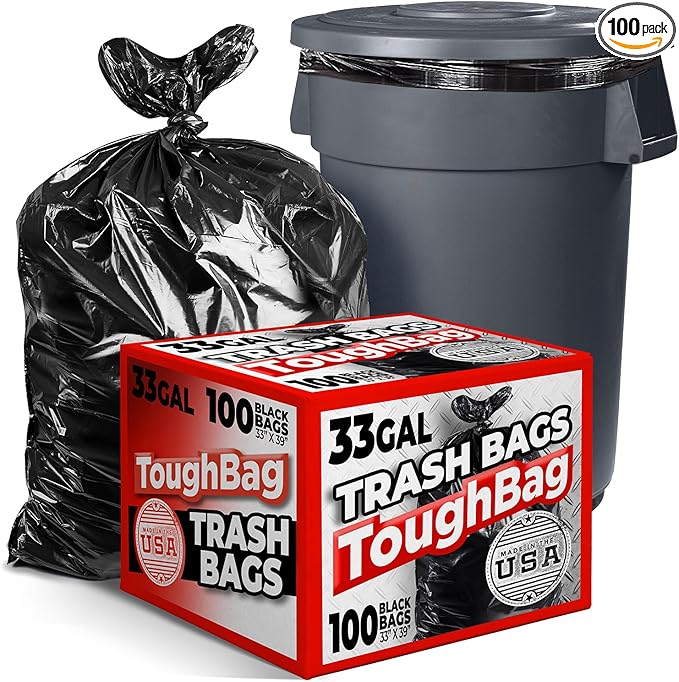 ToughBag 30-33 Gallon Heavy Duty Trash Bags (100 Count) – 33x39" Large Can Liners – Made in USA