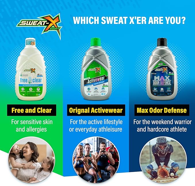 Sweat X Free & Clear Activewear Laundry Detergent – Certified Asthma & Allergy Friendly® – Hypoallergenic – Remove the Worst Odors & Toughest Stains – High-Performance Sports Wash – 45 Loads – 1 Pack