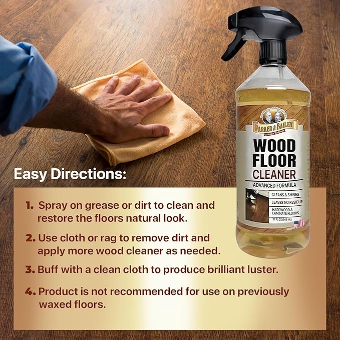 Parker & Bailey WOOD FLOOR CLEANER – Use on Hardwood, Laminated or Faux Finshed Floors. Shine Restorer Protector, Surface Cleaner House Cleaning Supplies Home Improvement, Natural Look, Cuts Grease