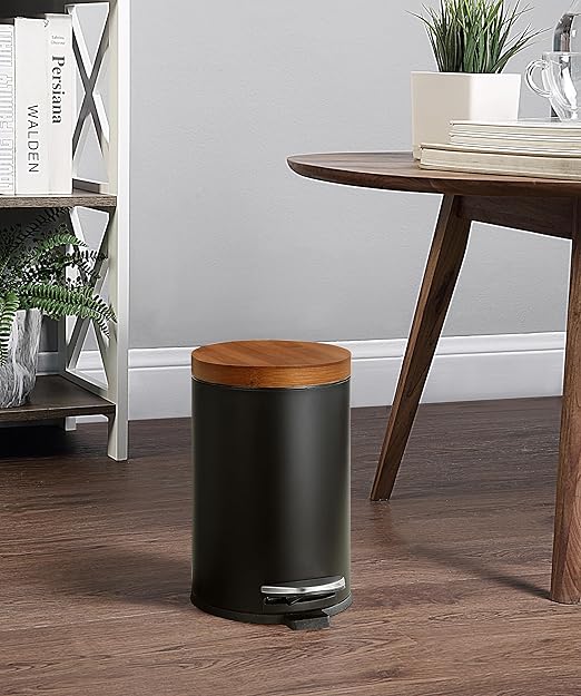 SunnyPoint Elite Bamboo Lid 4.5 Liter / 1.2 Gallon Round Trash Can with Plastic Inner Bucket; Bathroom, Office, Kitchen and Bedroom Step On and Slow Close (Black)