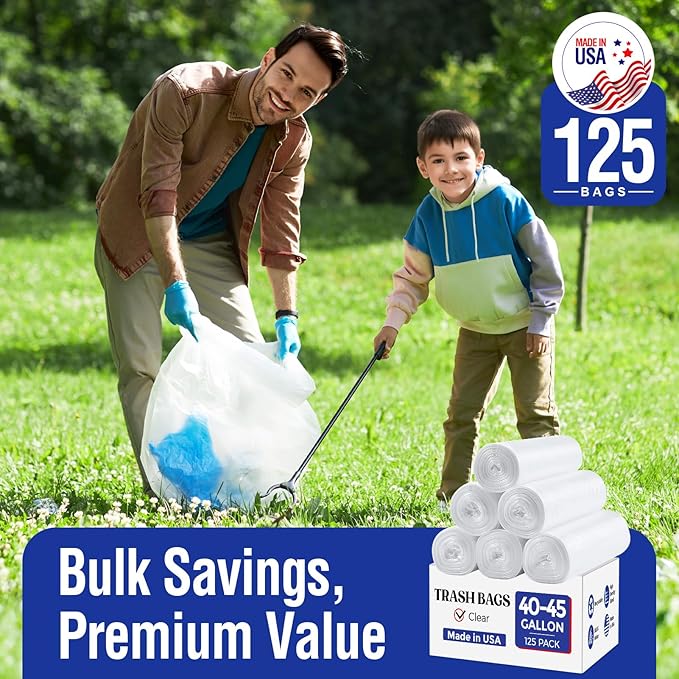 Delxo 40-45 Gallon Clear Trash Bags, 125 Count – Medium Duty Garbage Bags, Thick, Durable & Puncture-Resistant Plastic Can Liners– Made in USA for Kitchen, Yard & Commercial Use
