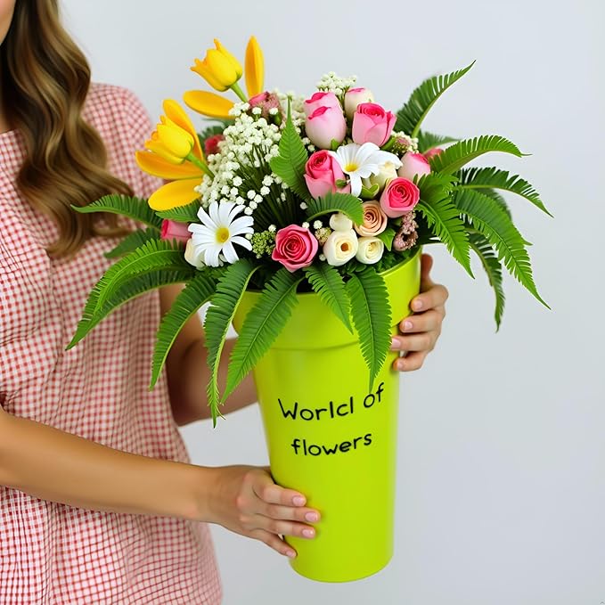 VITAGIR. Set of 6 Buckets for Cut Flowers in Plastic Green Matte Color 14 Inch, Flower Buckets for Flower Bar Ideal for Displaying Flowers in Florist Shop or as Home. (Green)