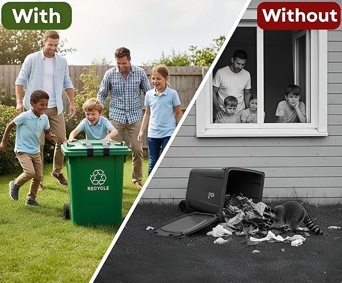 Premium 2 Trash Can Locks for Animals Garbage Straps Lid Wheelie Bin Locks Enclosure Cans Clips Out Raccoon Raccoons Hide Outside Strap Resistant Security Critter Trashcan Deterrent