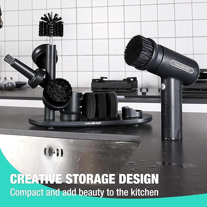 HAUSHOF Electric Spin Scrubber, Cordless Dish Scrubber Brush with 8 Replaceable Heads & 3 Speeds, Power Scrubber Electric Scrubber for Cleaning Kitchen, Sink, Bathroom, Knife Sharpener Included