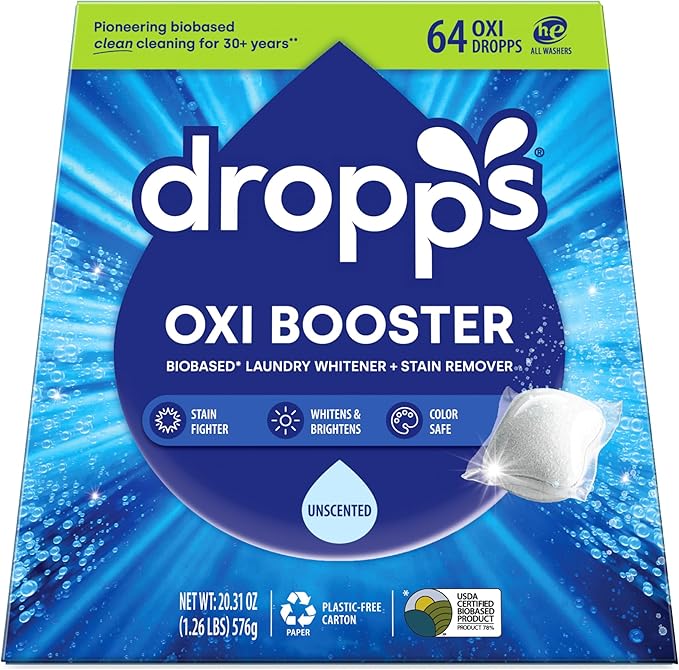 Dropps Oxi Booster Pods, Unscented (64 Pods) - Chlorine-Free Bleach Alternative Biobased Laundry Whitener & Stain Remover for Extra Tough Stains - Fragrance-Free & Hypoallergenic for Sensitive Skin