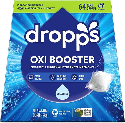 Dropps Oxi Booster Pods, Unscented (64 Pods) - Chlorine-Free Bleach Alternative Biobased Laundry Whitener & Stain Remover for Extra Tough Stains - Fragrance-Free & Hypoallergenic for Sensitive Skin