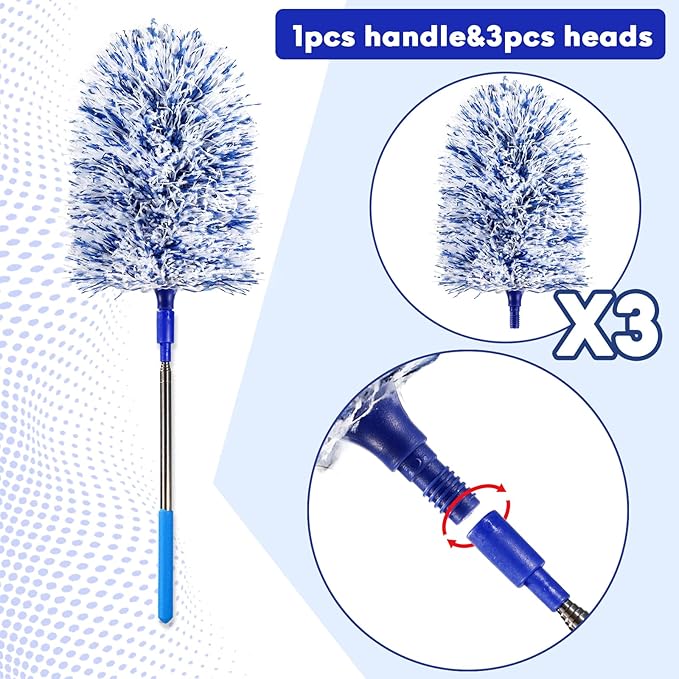 Extendable 20-49inches Microfiber Feather Duster with 3pcs Replaceable Bendable Heads, Extra Long Duster for Cleaning, Electrostatic Dust Remove for Ceiling, Fan, Window, Bookshelves (Navy Blue)