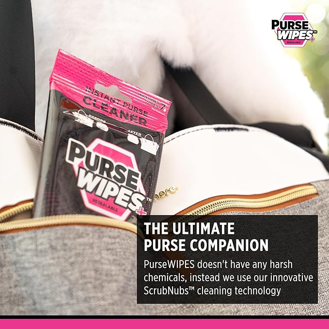SneakERASERS: PurseWIPES Purse Cleaner Wipes - Portable Leather Wipes for Bags, Purses, and Backpacks, Dirt and Scuff Remover with Innovative ScrubNubs, Perfect for Quick Cleaning, (28 wipes)