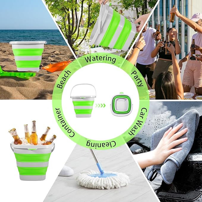 2 Pack 2.6 Gallon(10L) Collapsible Plastic Buckets with Handle Compact Cleaning Square Storage Bucket Portable Water Tub Outdoor Water Pail for Garden Hiking Fishing Camping (Green)