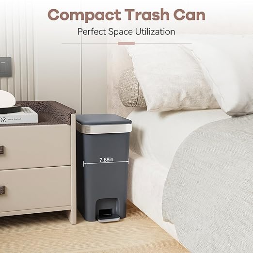 Small Bathroom Trash Can with Lid Soft Close, 10 Liter/2.6 Gallon Slim Garbage Can-Metal Step and Press top Lid, Mini Modern Waste Basket for Toilet, Office, Bedroom,Dorm,Dark Gray