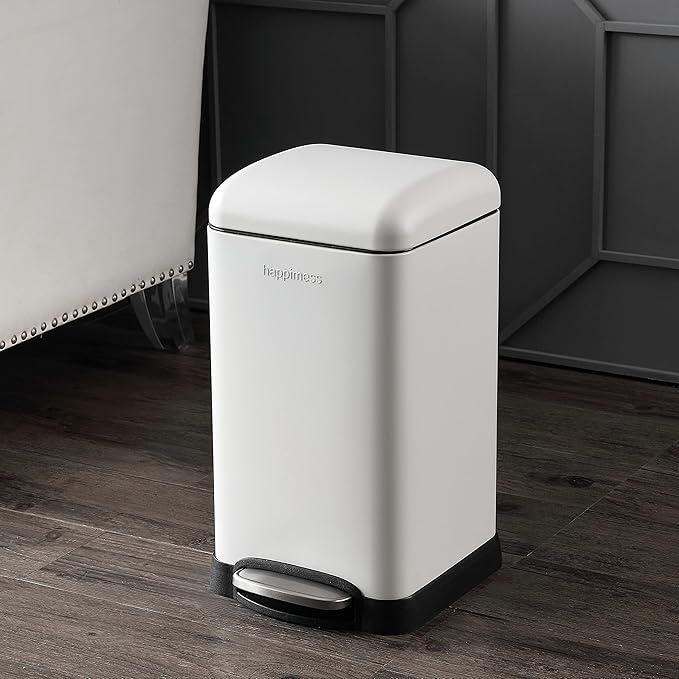Happimess HPM1012C Betty Retro Mini 3.2-Gallon Step-Open Trash Can, Modern, Minimalistic, Fingerprint-Proof, Rustproof, Soft Close, Bedroom, Bathroom, Kitchen, Laundry Room, Office, 3.2 Gallons, White