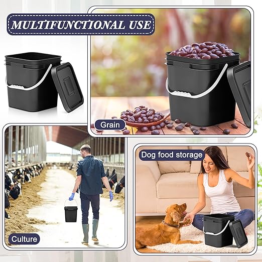 Mumufy 3 Pcs 3.5 Gallon Square Food Grade Bucket with Lid Square Bucket Pail with Plastic Handles for Storing Dry Food, Charcoal, Camping, Fishing (Black)