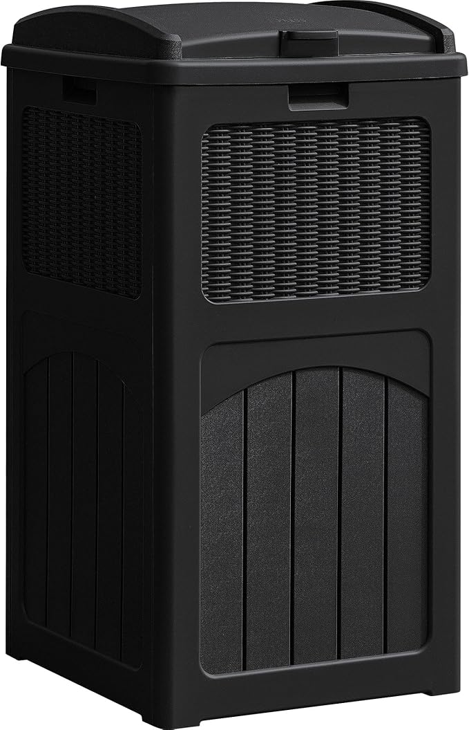 YESHOMY 33 Gallon Resin Outdoor Trash Can with Lid, Hideaway Waterproof Patio Garbage Bin, Black