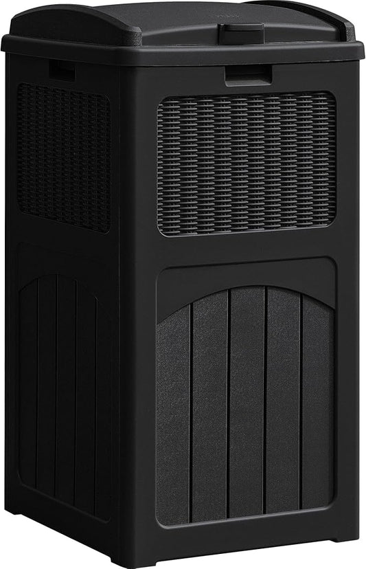 YESHOMY 33 Gallon Resin Outdoor Trash Can with Lid, Hideaway Waterproof Patio Garbage Bin, Black