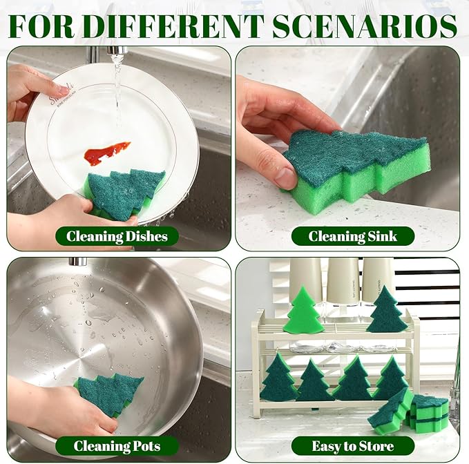 Tioncy 12 Pack Christmas Tree Kitchen Sponges Bulk Dual Sided Scrubber Sponges Dishwashing Non Scratch for Kitchen Accessories Dish Scouring, Green