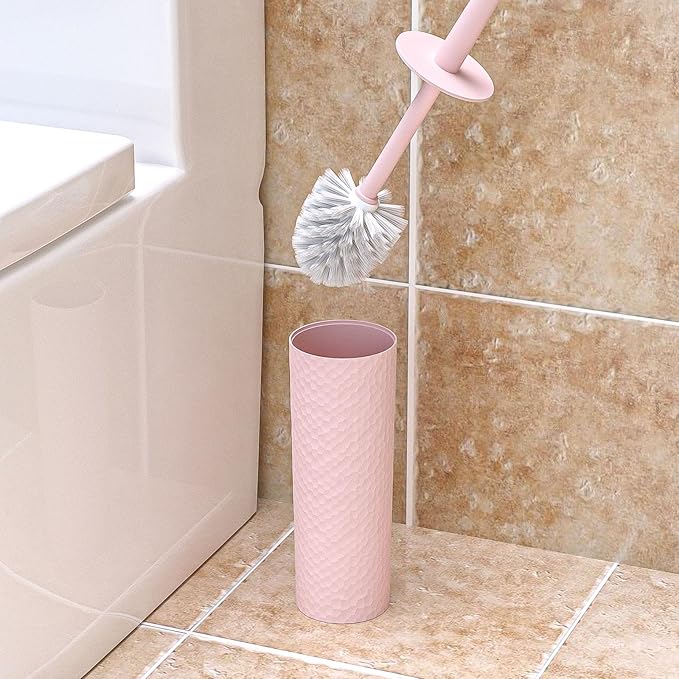 Topsky 2 Pack Compact Toilet Brush & Holder Set, Plastic Round Barrel Loo Brush with 2 Replacement Toilet Brush Head, Durable for Bathroom Toilet, Pink