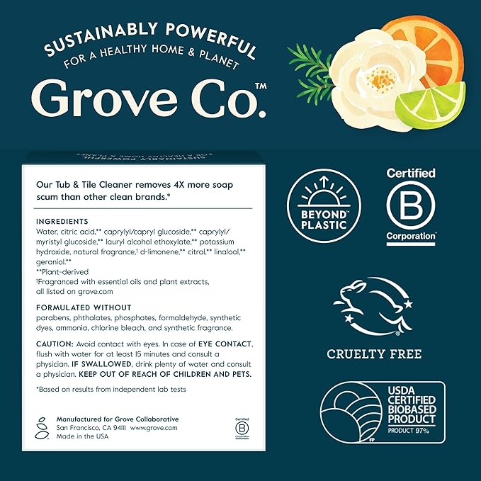 Grove Co. Tub and Tile Cleaner Refill Concentrate (2 x 1 Fl Oz) + 1 x Reusable Glass Spray Bottle (16 Oz) Plant-Based Cleaning Supplies Bundle, No Plastic Waste, Lavender & Thyme Scent