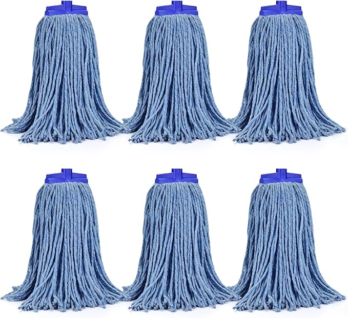 Matthew Cleaning Screw-on Heavy Duty Cotton Wet Mop Replacement Heads(Blue, Large,6 Pack) with 2 Pack Microfiber Cloth for Residential & Commercial Floor Cleaning Use- Fit Standard American Screw