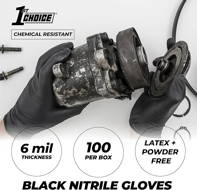 1st Choice Black Nitrile Gloves, Disposable, Latex-Free, 6 Mil, Textured, Industrial, for Mechanics, Cleaning, Automotive Use