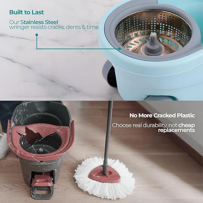 Spin Mop and Bucket with Wheels Wringer 360 Microfiber Mop with Stainless Steel Handle Self Wringing Cleaning System Bucket with Drain for Tile Hardwood Laminate Floors Includes 2 Mop Head Refills