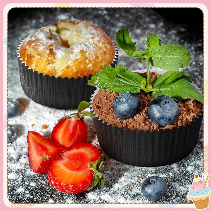 Uiifan Disposable Round Cupcake Liners Paper Baking Cups Wrappers Cupcake Paper Microwave Oven Safe Bakeware Mold for Snacks Cakes (Black,50 Pcs)