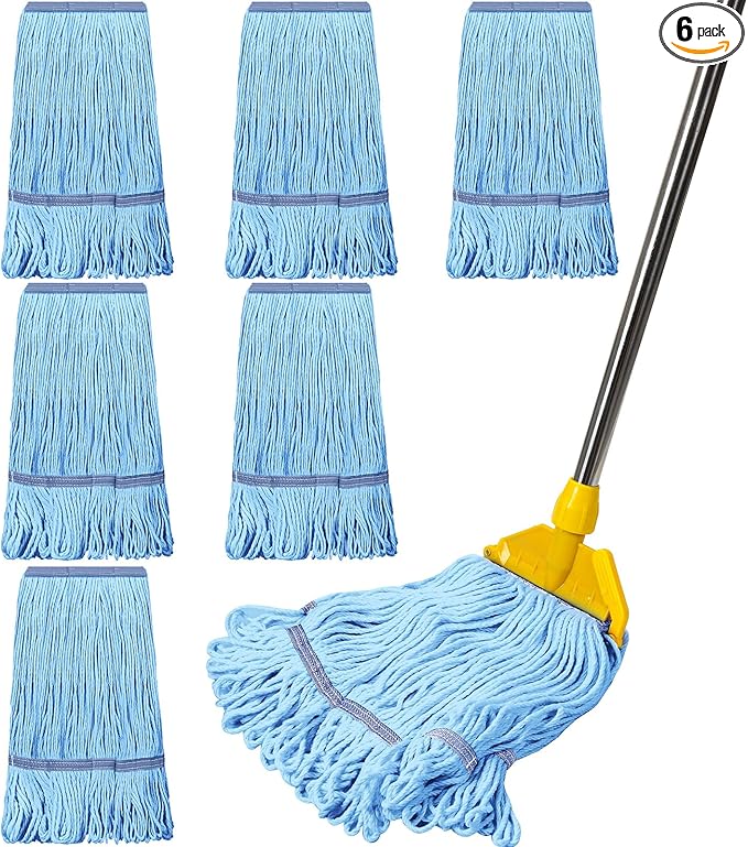 6 Pack Heavy Loop End Cotton String Mop Head Heavy Duty Mop Head Commercial Refills Mop Head Replacement for Home Industrial Commercial Floor Cleaning(Blue, Orange)