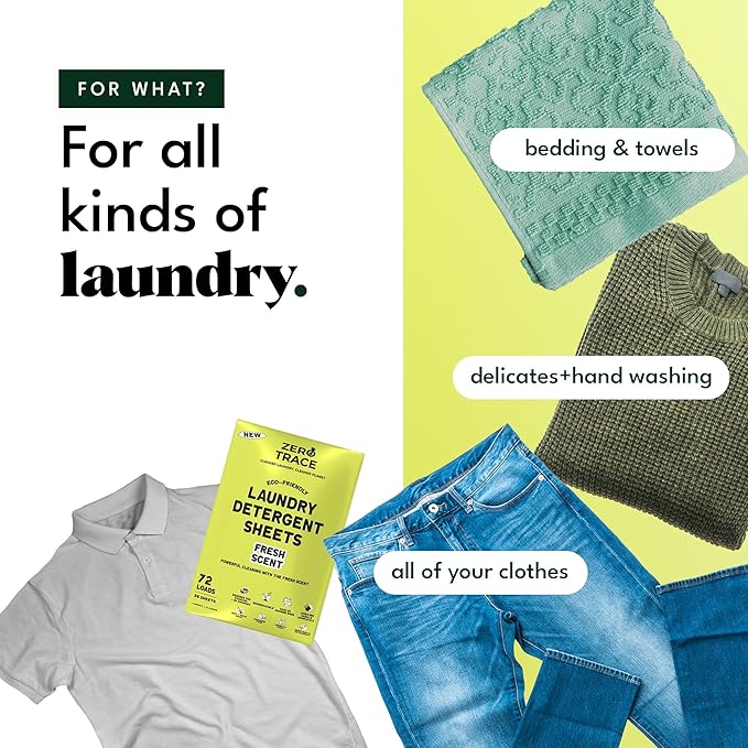 Zero Trace All Natural Laundry Detergent Sheets - Powerful Eco-Friendly Travel Detergent Sheets with Fresh Scent (144 Loads)
