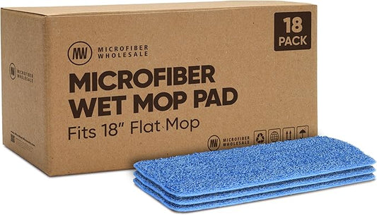 Microfiber Wholesale 18 inch Microfiber Mop Pads - Machine Washable, Reusable, Refills & Replacement Wet Mop Heads Compatible with Any Microfiber Flat Mop System (18 Pack)