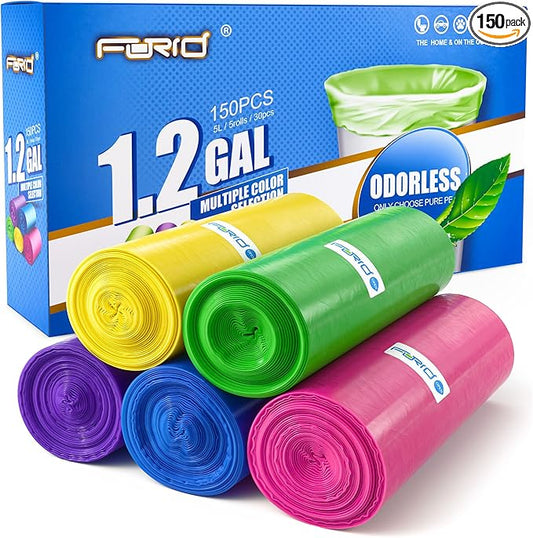 FORID Small Trash Bags 1.2 Gallon Colored - Extra Thick Mini Garbage Bags Unscented,Strong Plastic Wastebasket Liners for Bathroom Bedroom Office and Car,150 Bags Multi Colored