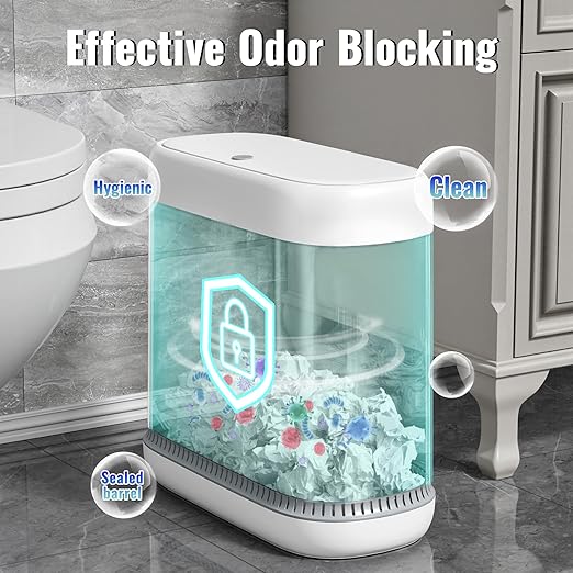 Spreezy Bathroom Trash Can with Lid, 2.3 Gallons / 8.6 L Small Waste Basket, Pneumatic Adhesion Style Garbage Can for Kitchen, Bedroom, Living Room, Office, Trash Bin Includes 5 Rolls of Trash Bags