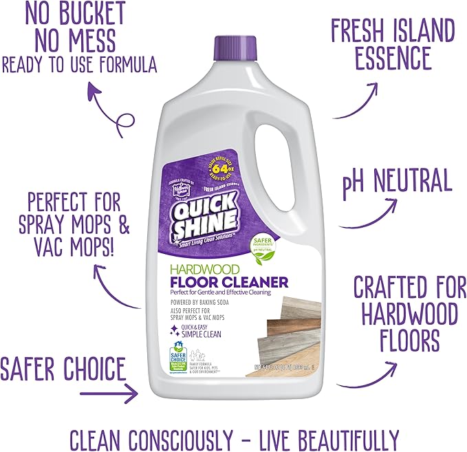 Quick Shine Hardwood Floor Cleaner 64oz | Use in Spray & Vac Mops | Removes Dirt & Scuff Marks | Ready-to-Use, Streak Free, No Rinse | Safer Choice Cleaner |Perfect for Gentle and Effective Cleaning