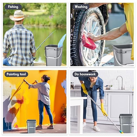 Vesici 12 Pcs 5 Gallon Square Bucket Pail with Plastic Handle and Lid Heavy Duty Storage Food Container with DIY Label Sticker for Food Multipurpose Paint Water Crafts Project(Gray)