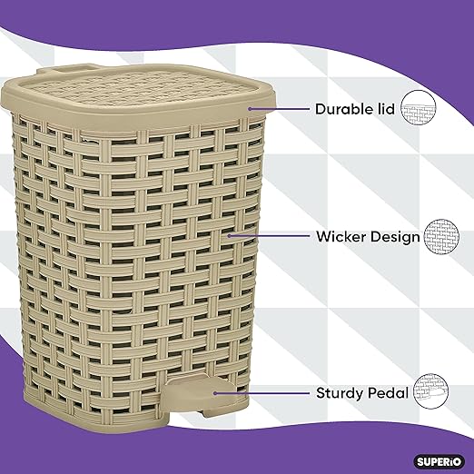 Small Outdoor Trash Can with Lid for Dog-Poop 1.5 Gallon/6 L Mini Plastic Garbage Can with Foot Pedal for Bathroom, Bedroom, Office, Patio, Wicker Beige