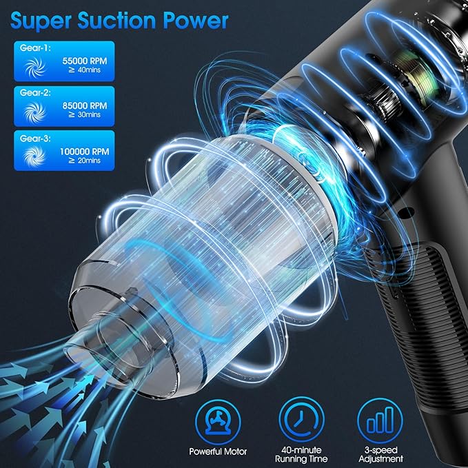 Compressed Air Duster, 100000RPM Handheld Car Vacuum/Air Blower& Pump, 3 Gear Adjustable Electric Air Duster/Car Vacuum Cleaner, Keyboard Duster with LED Light-10 Kits Air Blower for Computer(Orange)