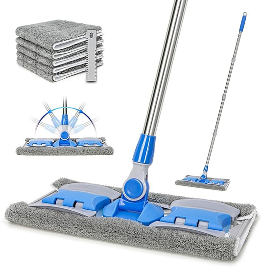 Professional Microfiber Hardwood Floor Mop, Flat Mops with 5 Pieces Reusable Washable Pads for Home and Office Wet or Dry Floor Cleaning (Sky Blue)