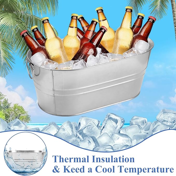 2 PCS Galvanized Bucket 4 Gallon Ice Buckets for Parties with Carry Handles Stainless Steel Beverage Tub for Parties 4 Gallon Galvanized Tub with Handles Drink Buckets for Parties Supplies