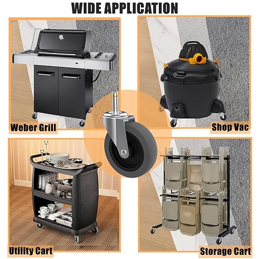 4-Inch Swivel Stem Caster for Rubbermaid Mop Bucket Utility Cart, 7/16-Inch Stem Diameter Rubber Wheel Set of 4, Heavy Duty TPR Weber Grills Shop Vac Replacement Wheels
