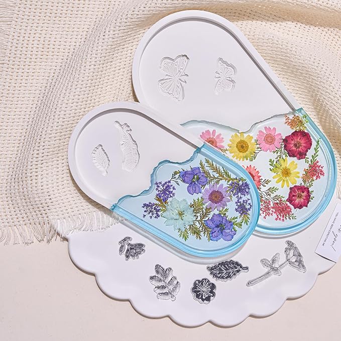 Silicone Tray Molds for Epoxy Resin Mold Tray with Sides 2 PCS Butterfly Carved Jewelry Trinket Dish Concrete Plaster Mould Large Oval Storage Plate Coaster Container Cement Moulds with Clear Stamps
