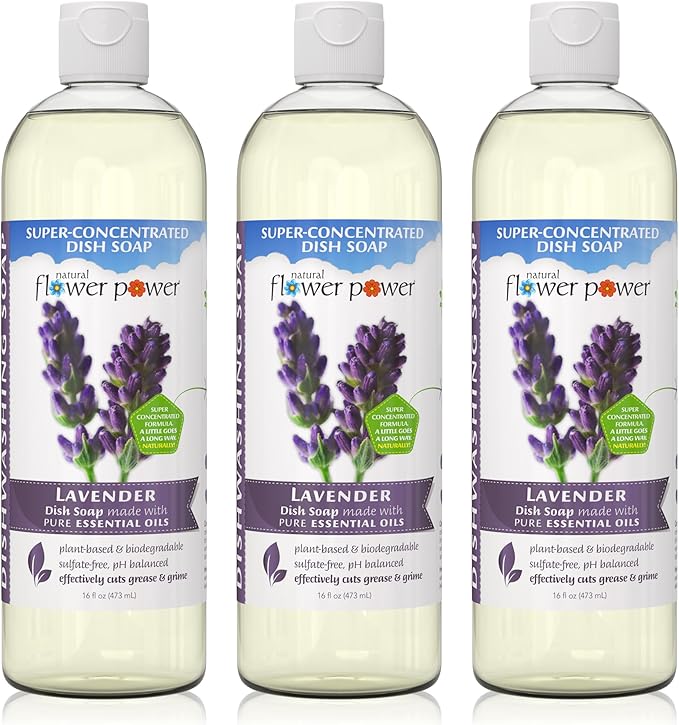 Natural Flower Power Liquid Dish Soap | Lavender 16 Fl Oz | Pack of 3 | Plant-Based & Scented w/ Pure Essential Oils | Natural Liquid Dishwashing Detergent | Sulfate-Free Kitchen Soap | Vegan