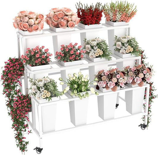Flower Cart Display Stand with Buckets & Wheels – 3-Tier Mobile Flower Bar Cart for Shops, Weddings, Garden, and Home – Includes 12 Buckets & 4 Hooks