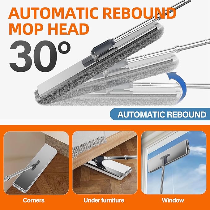 Flat Mop and Bucket for Home with Extra Refills, Stainless Steel Mop and Bucket with Wringer, Hands-Free Mop, Wet and Dry Use Mop with Long Handle (Black)