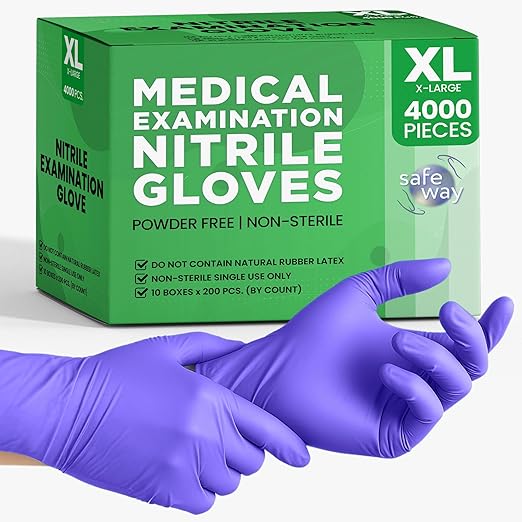 SafeWay Nitrile Gloves, 4000 Ct, X-Large, Powder-Free, Latex-Free, All-Purpose, Professional Disposable Gloves with Textured Fingertips for Medical Use, Food Prep, Cleaning, Tattoo & More