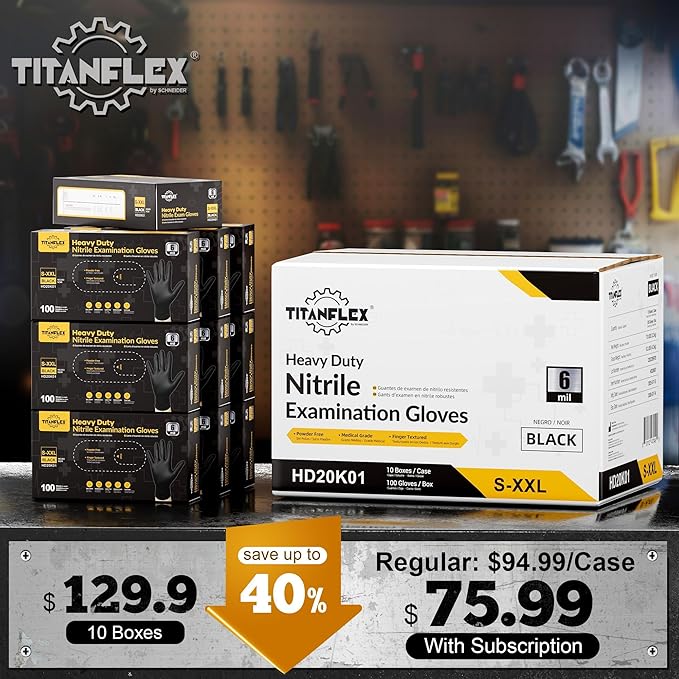 TitanFlex Disposable Nitrile Exam Gloves, 6-mil, Black, Heavy Duty, Latex Free, Food Safe for Cooking & Food Prep