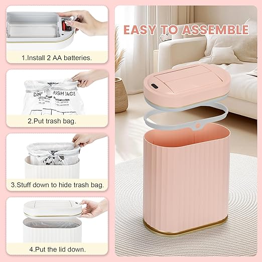 ELPHECO Bathroom Trash Can with Lid Butterfly, Motion Sensor Trash Can Bathroom Decor Automatic Garbage Can Wastebasket Bathroom Accessories, Kitchen, Living Room, Office, Pink Gold