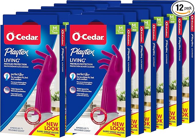 Playtex Living Reuseable Rubber Cleaning Gloves (Medium, 12 Pairs), Premium Protection Reusable Household Gloves