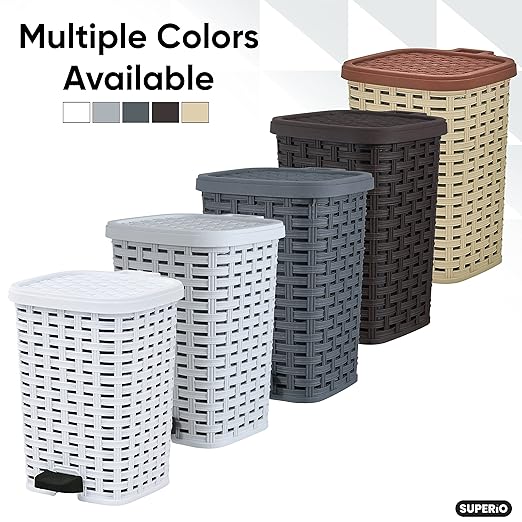 Superio Small Outdoor Trash Can with Lid for Dog Poop 3 Gallon/12 L Mini Plastic Garbage Can with Foot Pedal for Bathroom, Bedroom, Office, Patio, Wicker Smoke